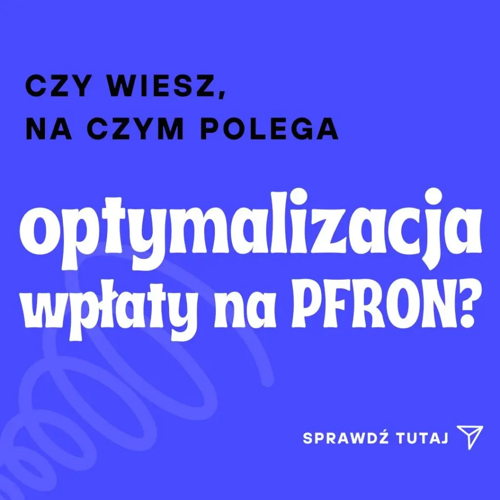 Grafika przedstawia tekst na niebieskim tle, w którym dominują dwa odcienie: ciemniejszy na górze i jaśniejszy na dole. Na górze widnieje pytanie napisane czarnymi literami: "CZY WIESZ, NA CZYM POLEGA", a poniżej, znacznie większymi, białymi i lekko zaokrąglonymi literami jest napis: "optymalizacja wpłaty na PFRON?". W dolnym prawym rogu znajduje się napis "SPRAWDŹ TUTAJ" w białym kolorze, obok niewielkiej ikony przypominającej papierowy samolot, co sugeruje możliwość kliknięcia lub dalszego działania. Grafika ma charakter informacyjny, prawdopodobnie promujący działania związane z optymalizacją kosztów związanych z wpłatami na PFRON.