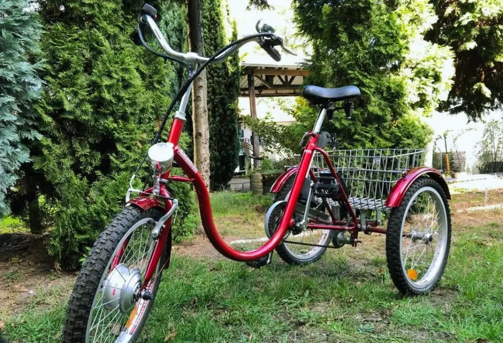 Na zdjęciu widoczny jest czerwony trójkołowy rower elektryczny, stojący na trawie w otoczeniu wysokich, zielonych drzew. Rower ma niską ramę ułatwiającą wsiadanie, szerokie, wygodne siodełko oraz duży kosz z tyłu – idealny na zakupy czy codzienne sprawunki. To nie tylko praktyczny środek transportu, ale też symbol niezależności i swobody poruszania się, szczególnie dla osób z ograniczoną mobilnością. Zdjęcie budzi skojarzenia z komfortem, spokojem i radością z aktywności na świeżym powietrzu. Taki pojazd może być objęty wsparciem w ramach programu pfron dofinansowanie do roweru elektrycznego, co czyni go jeszcze bardziej dostępnym dla potrzebujących.
